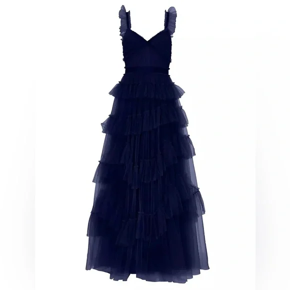 BCBGMAXAZRIA Evening Ruffled Gown, navy tiered tulle - Picture 2 of 13